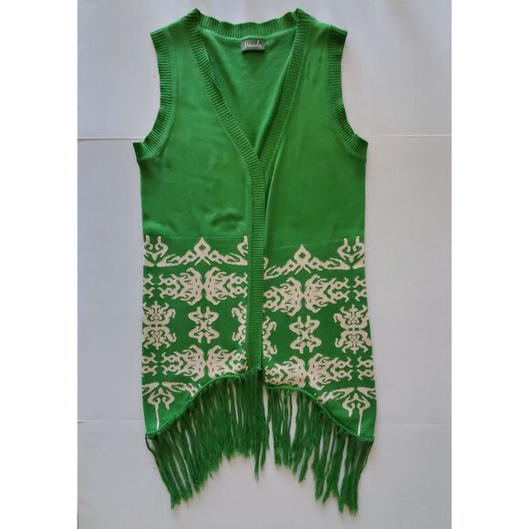 Boho Patterned Knit Fringe Sweater Vest Long Open-Front Maude Sz L Layer Hippie - Picture 4 of 9